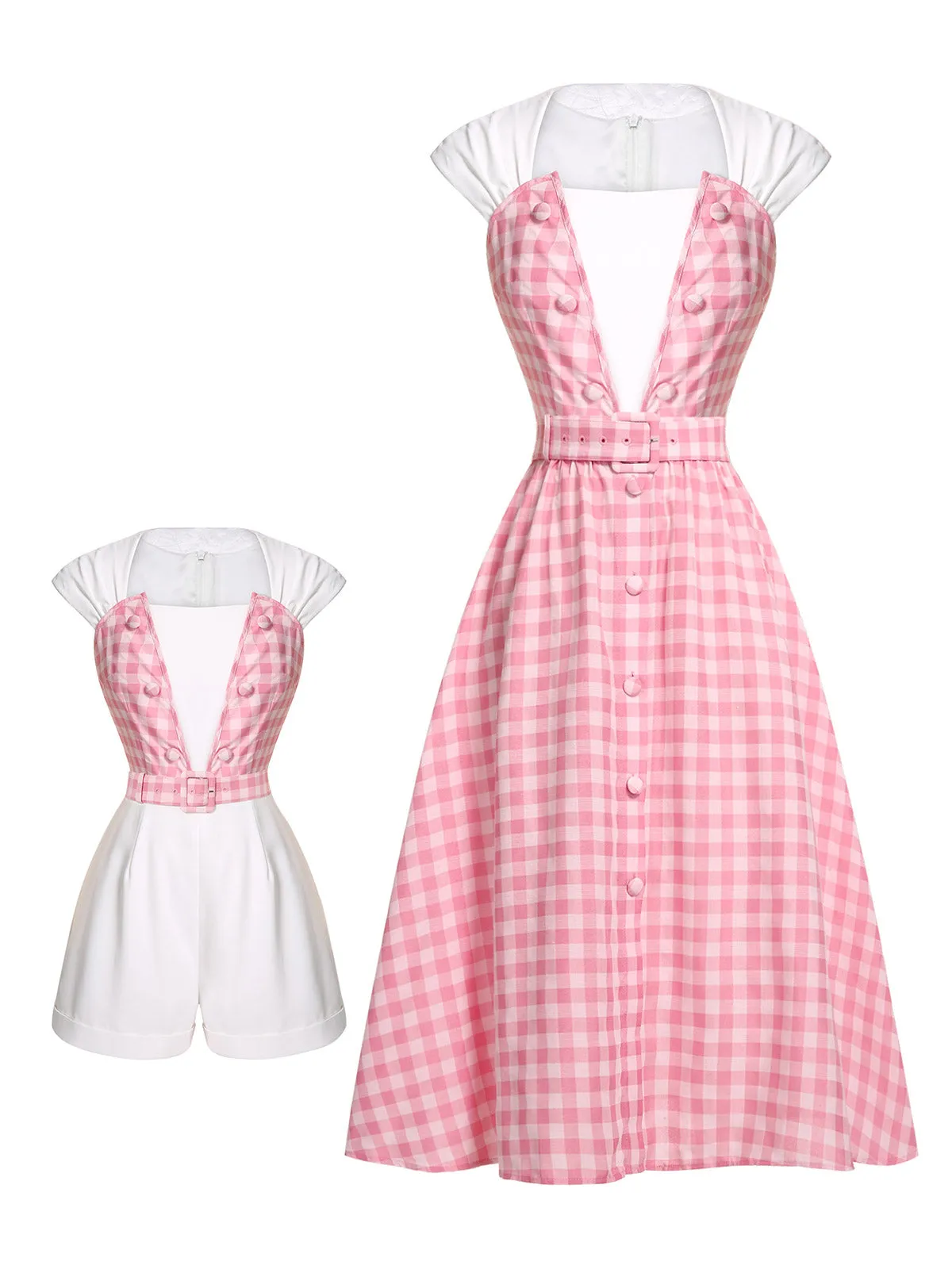 2PCS 1950s Pink Plaid Skirt & Romper With Belt