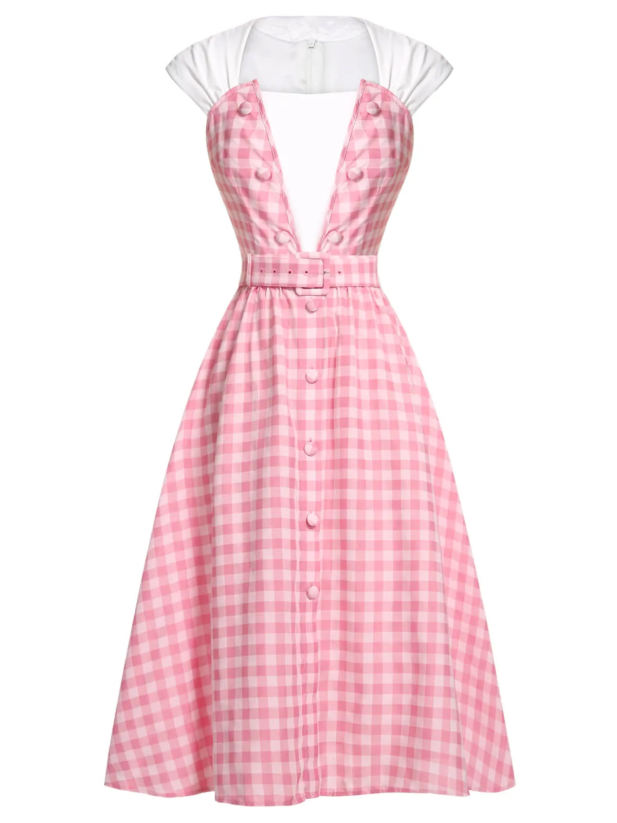 2PCS 1950s Pink Plaid Skirt & Romper With Belt