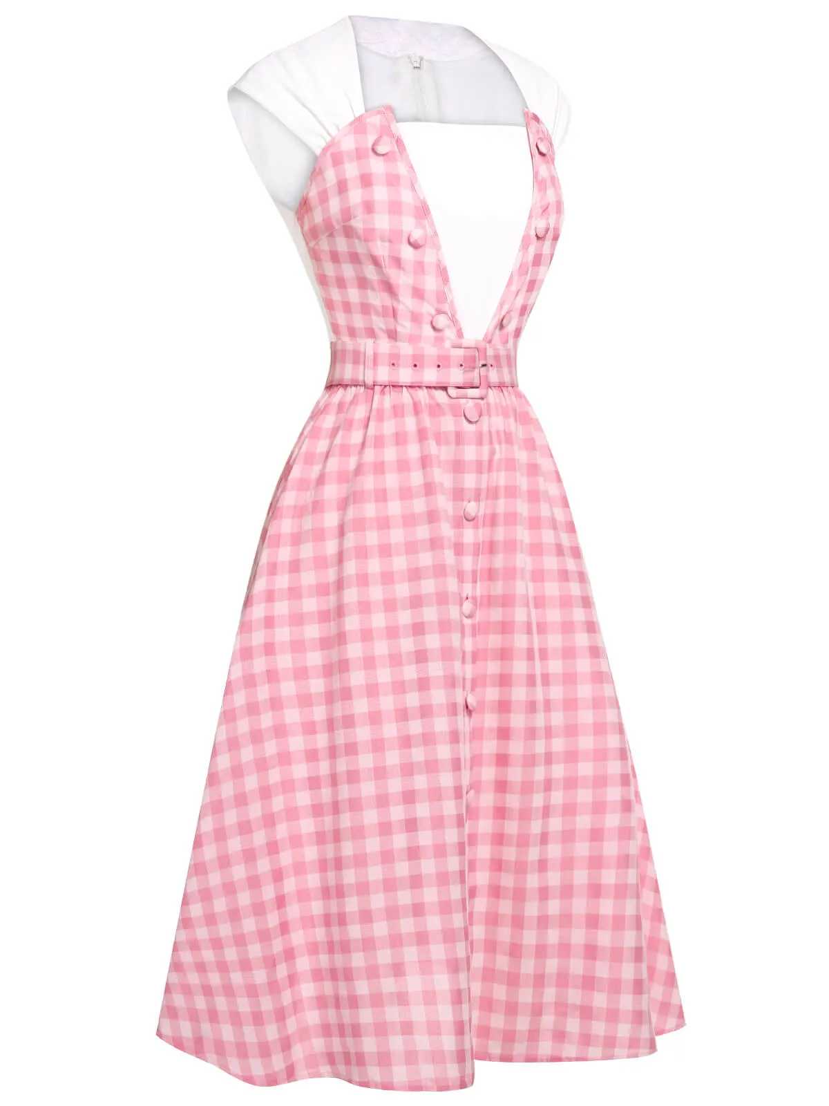 2PCS 1950s Pink Plaid Skirt & Romper With Belt