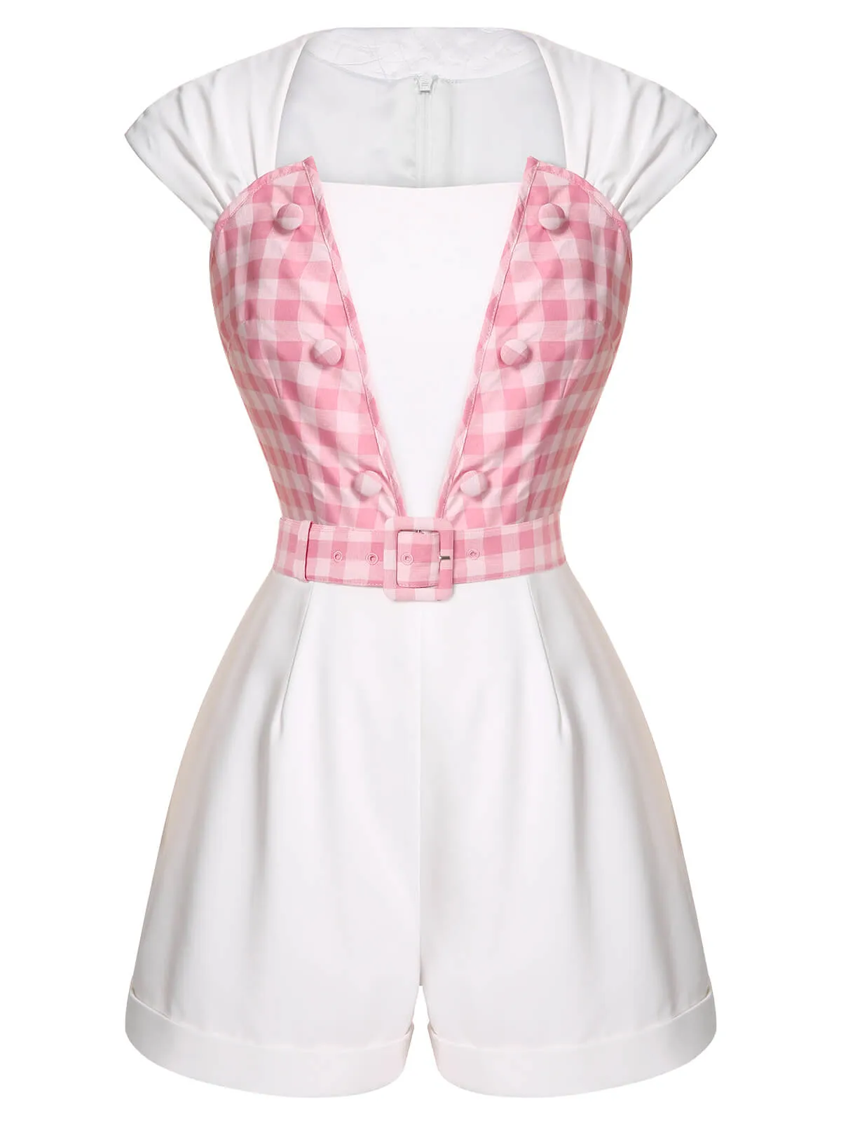 2PCS 1950s Pink Plaid Skirt & Romper With Belt