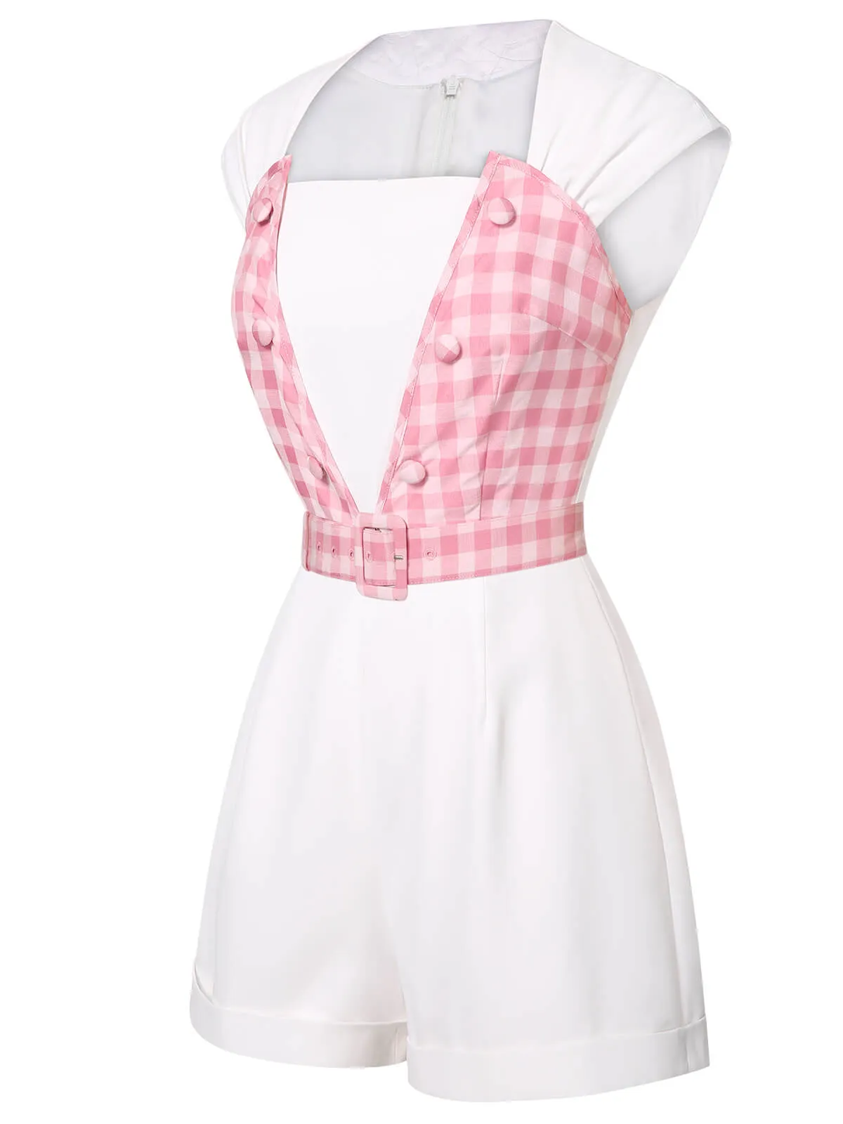 2PCS 1950s Pink Plaid Skirt & Romper With Belt