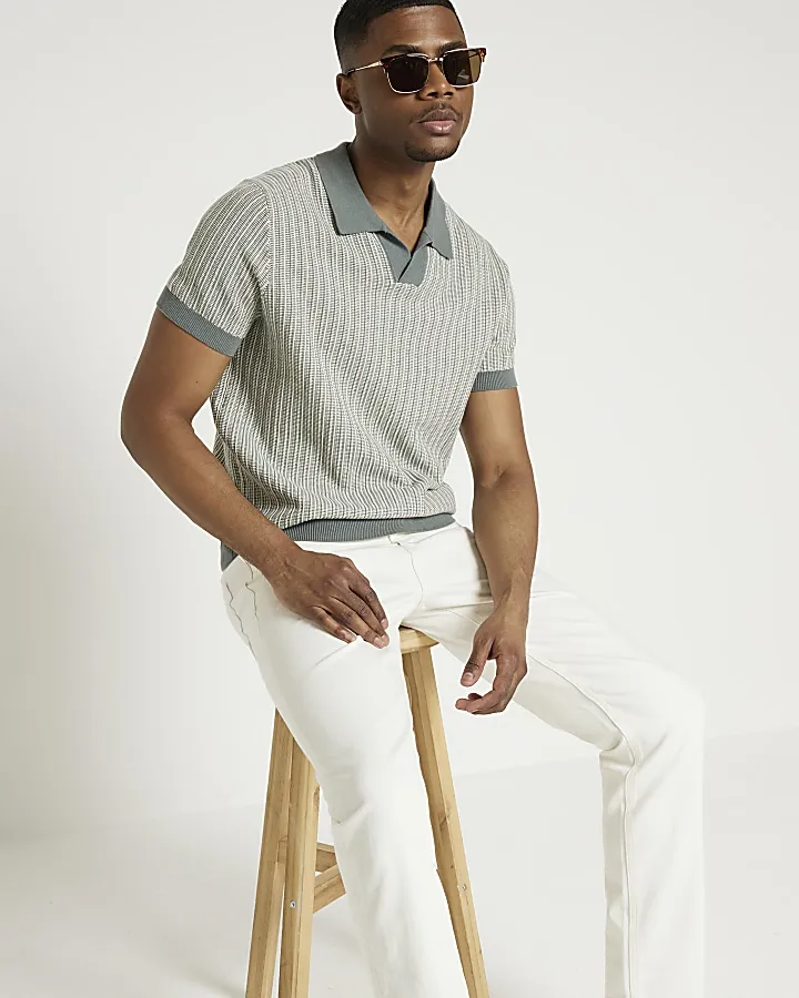 Blue slim fit knitted stripe polo