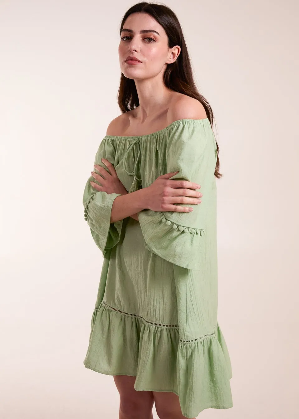 Blue Vanilla Green On Off Shoulder Tunic Dress