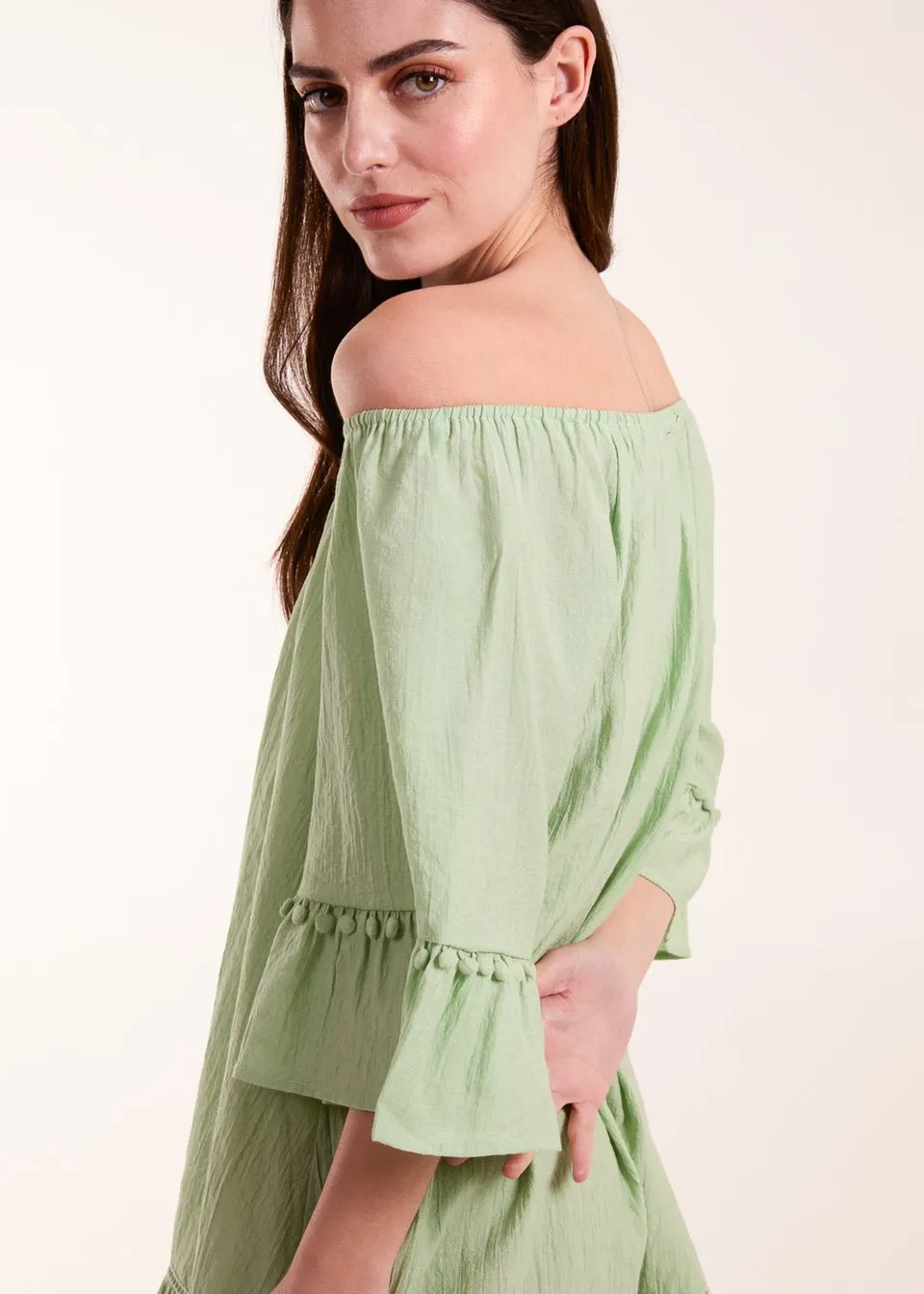 Blue Vanilla Green On Off Shoulder Tunic Dress