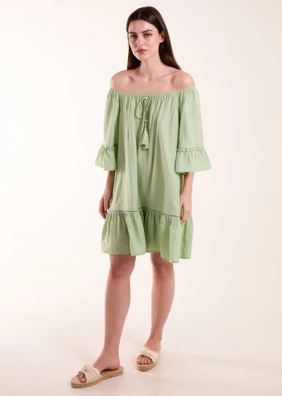 Blue Vanilla Green On Off Shoulder Tunic Dress