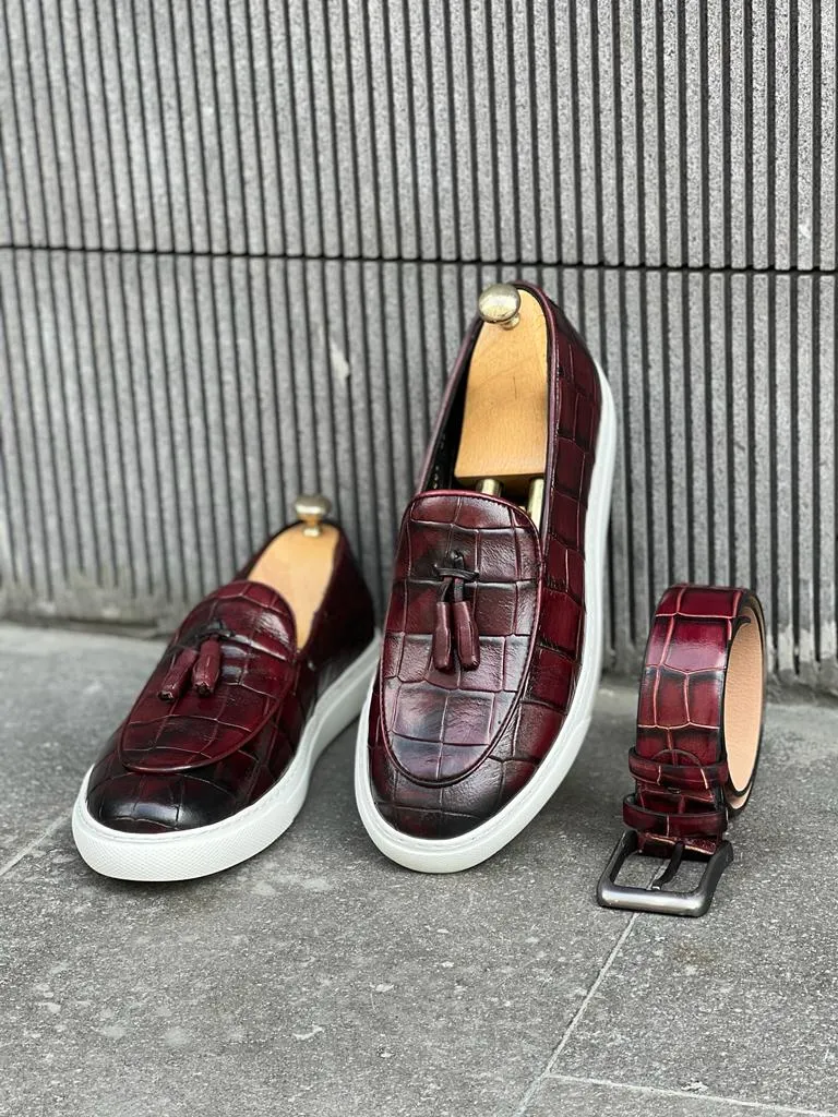 Bojoni Veneta Buckled Croc Detailed Burgundy Shoes