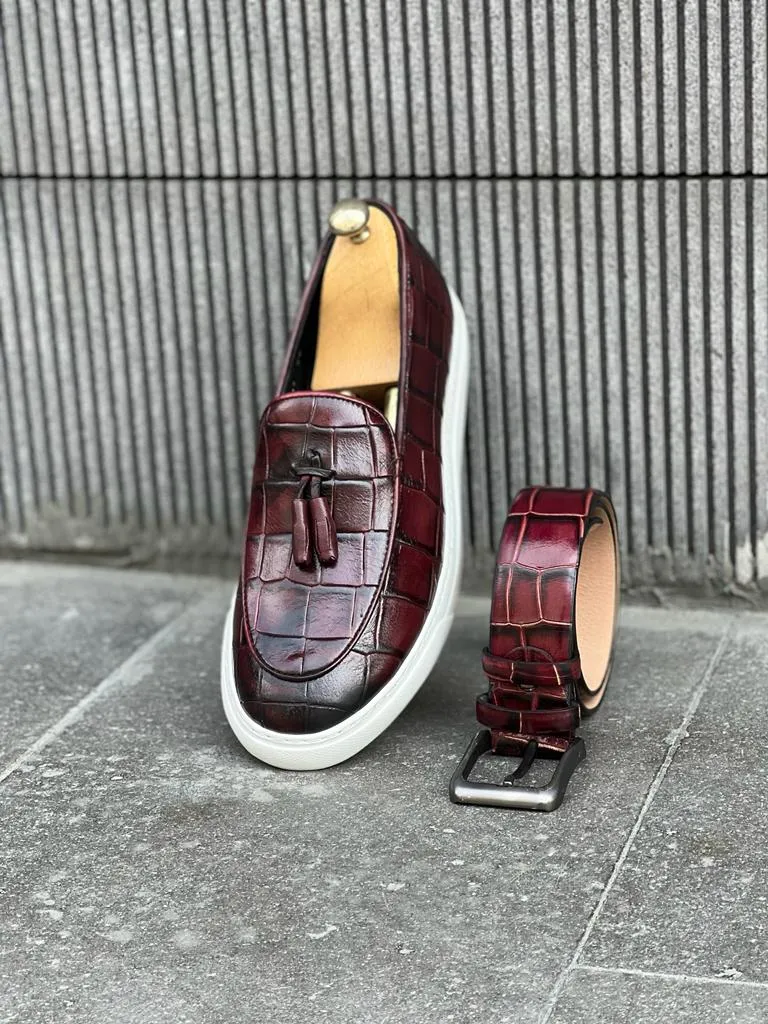 Bojoni Veneta Buckled Croc Detailed Burgundy Shoes