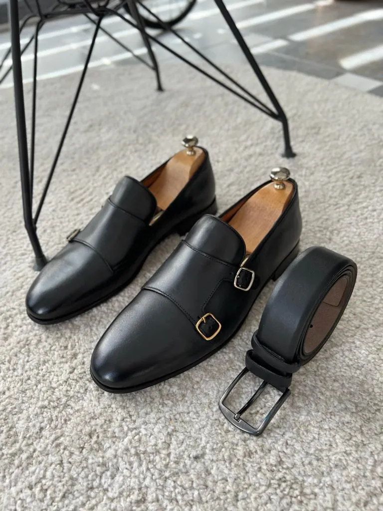 Bojoni Wooster Black Double Monk Strap Shoes