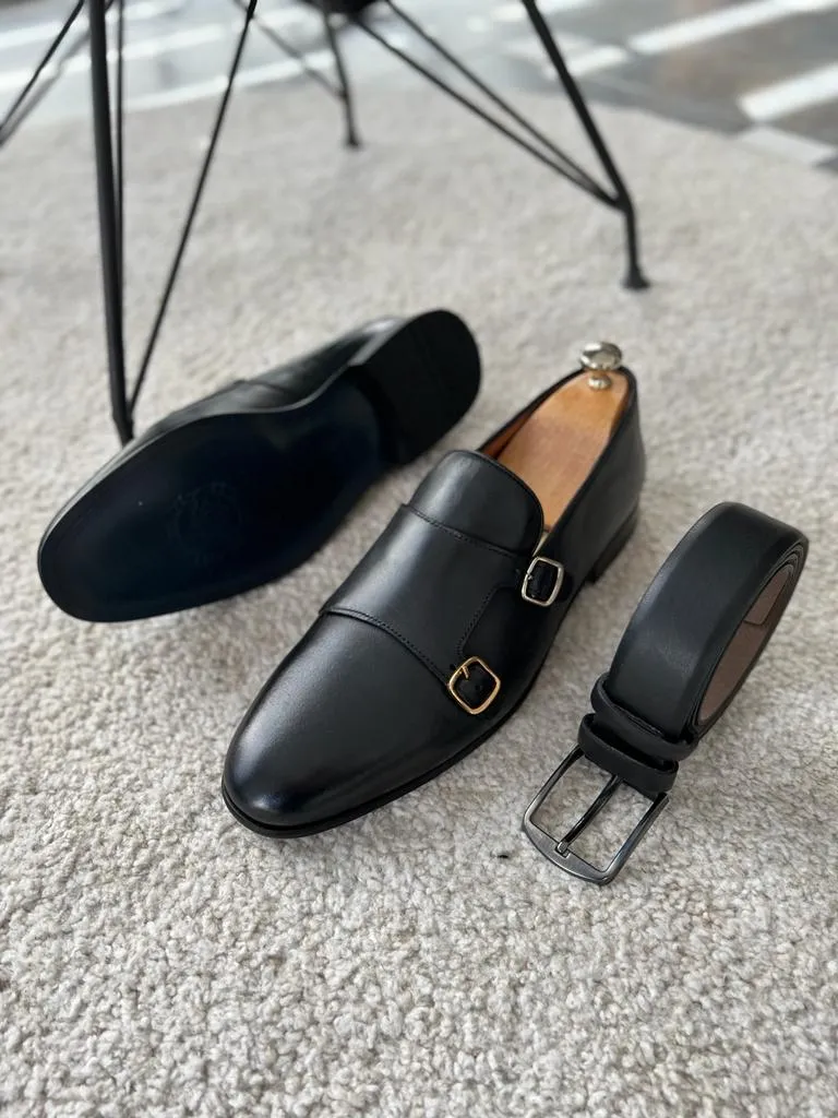 Bojoni Wooster Black Double Monk Strap Shoes