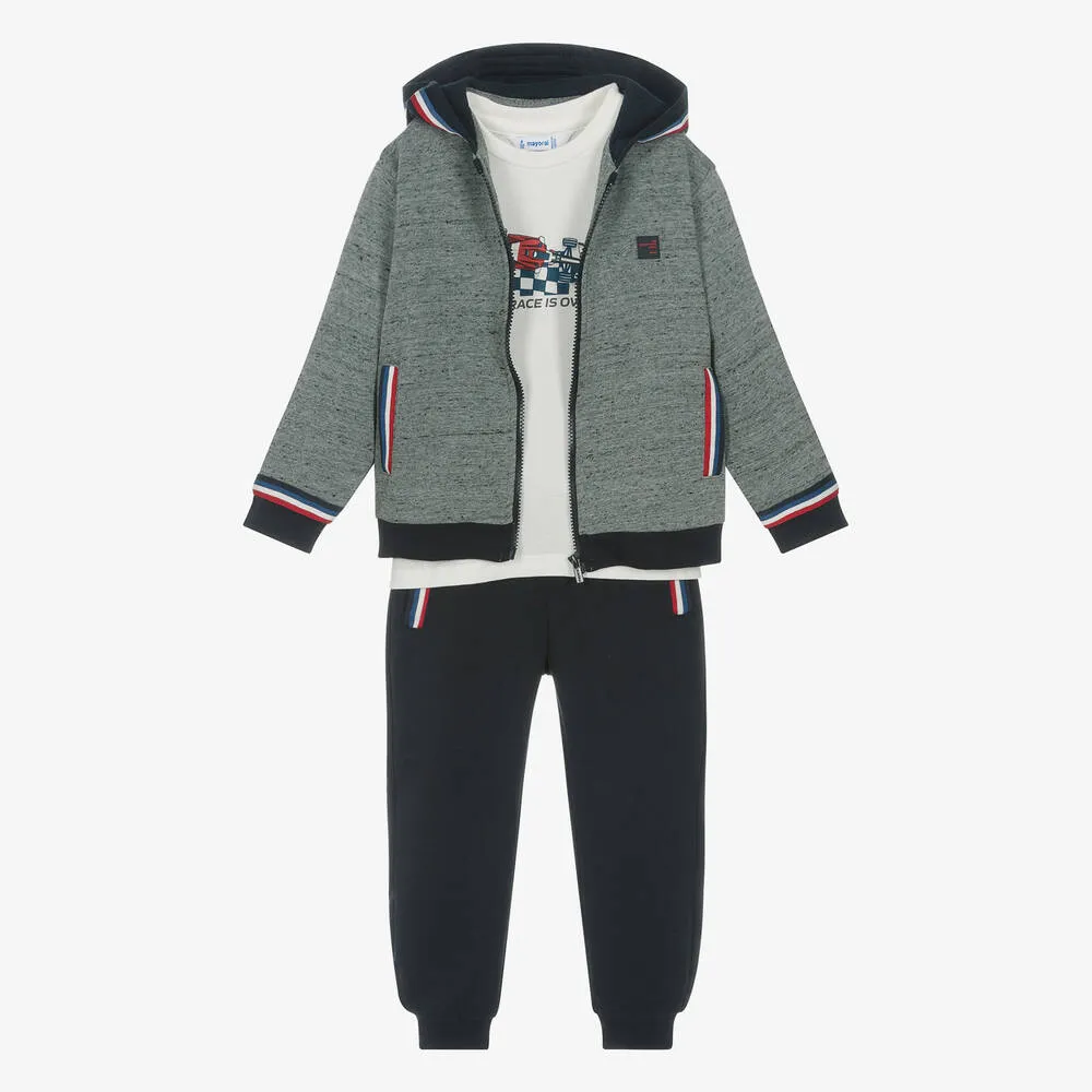 Boys Navy Blue & Grey Cotton Tracksuit Set