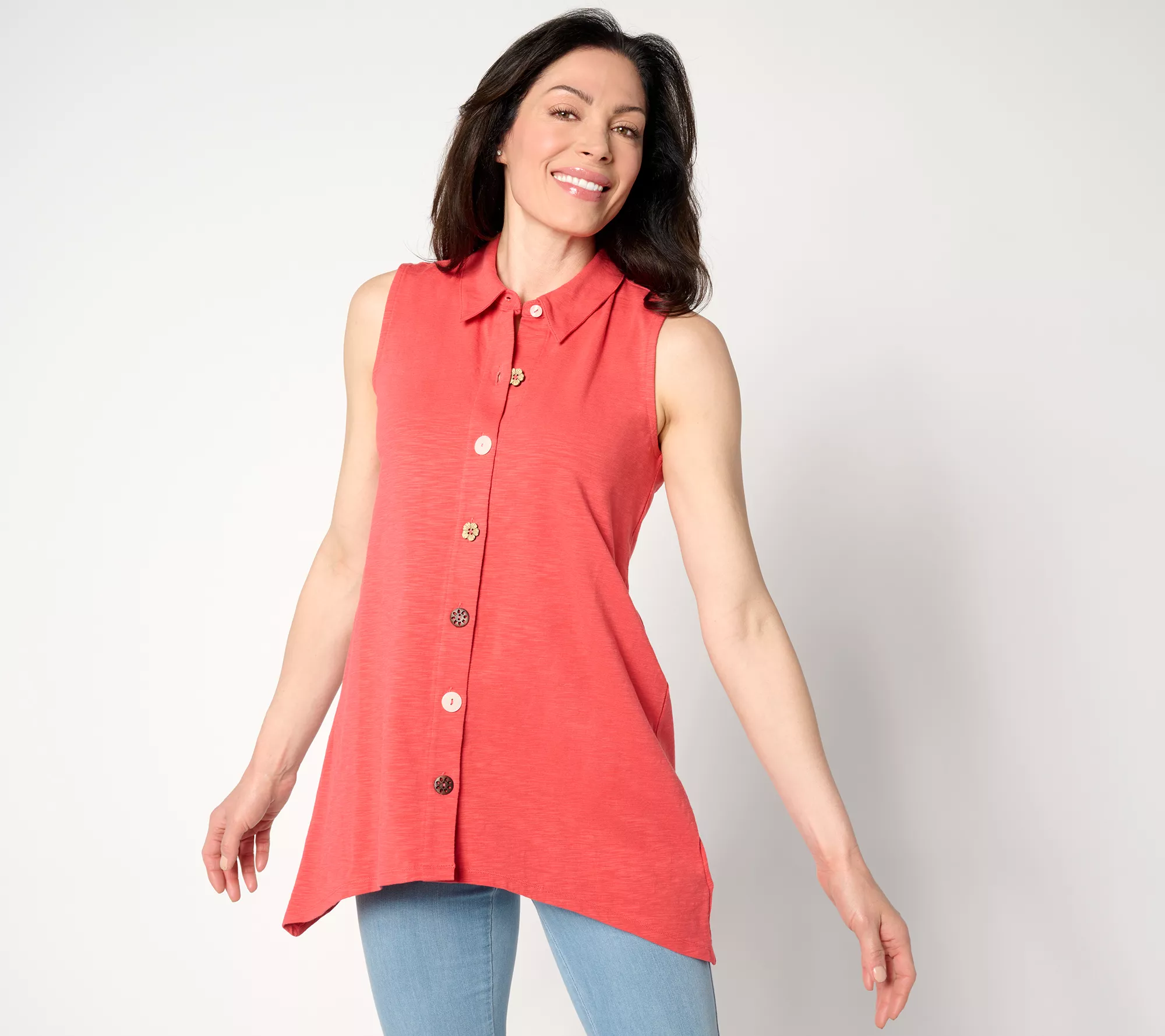 Denim & Co. Regular Texture-Knit Sharkbite Hem Button Tunic