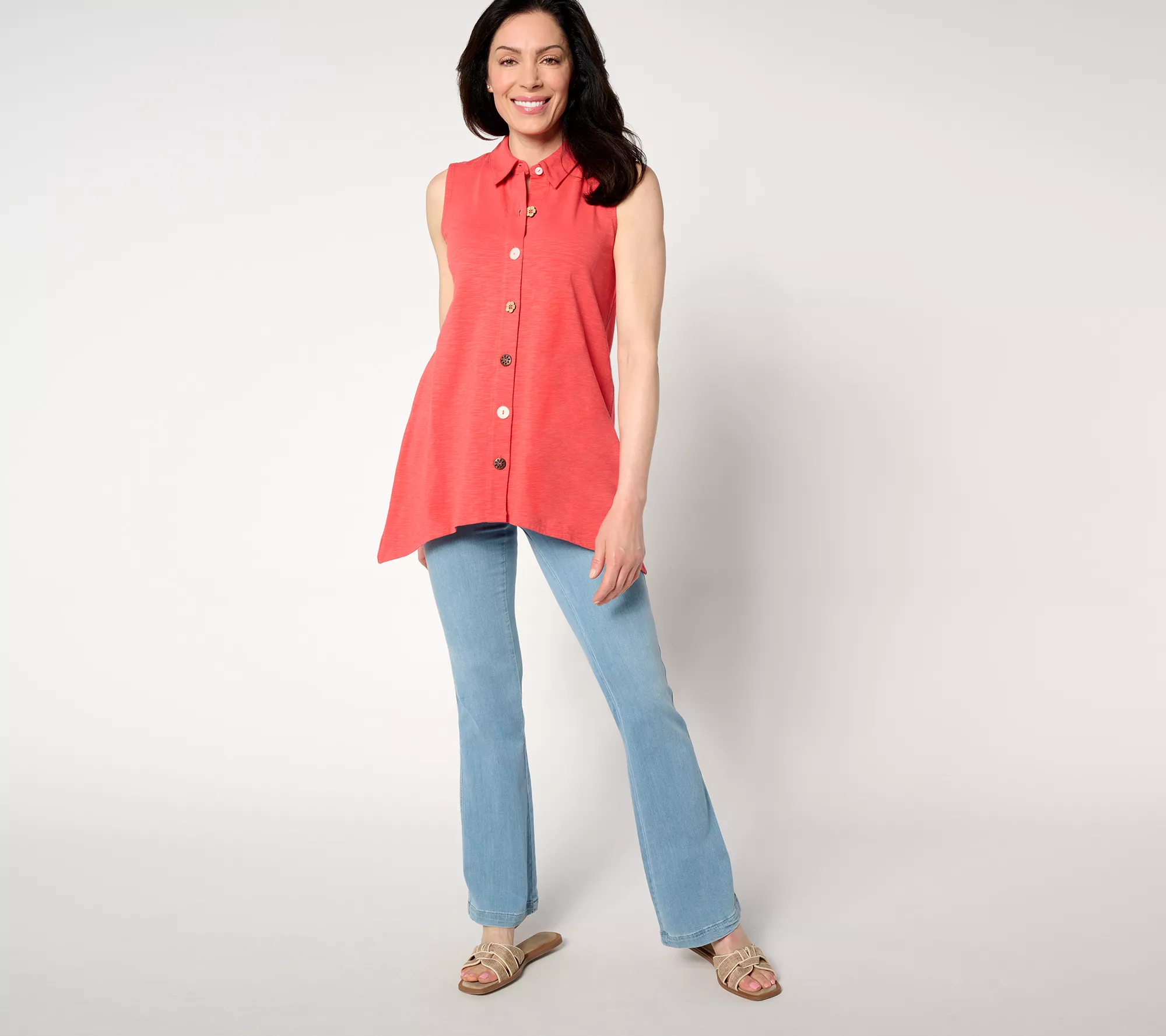 Denim & Co. Regular Texture-Knit Sharkbite Hem Button Tunic