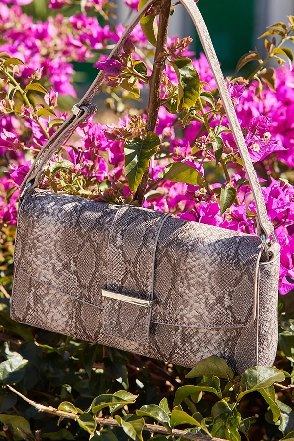 Grey Snake Print Metal Trim Shoulder Bag