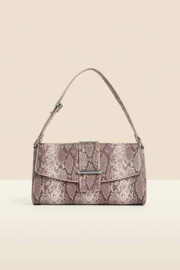 Grey Snake Print Metal Trim Shoulder Bag