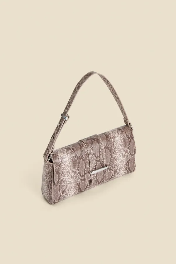 Grey Snake Print Metal Trim Shoulder Bag