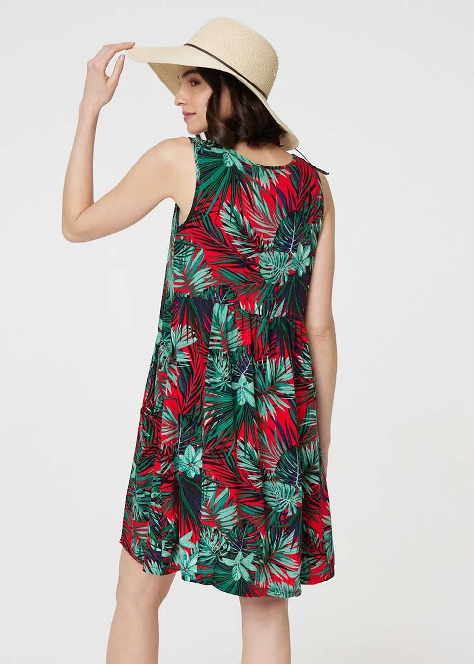 Izabel London Red Leaf Print Sleeveless Tunic Dress