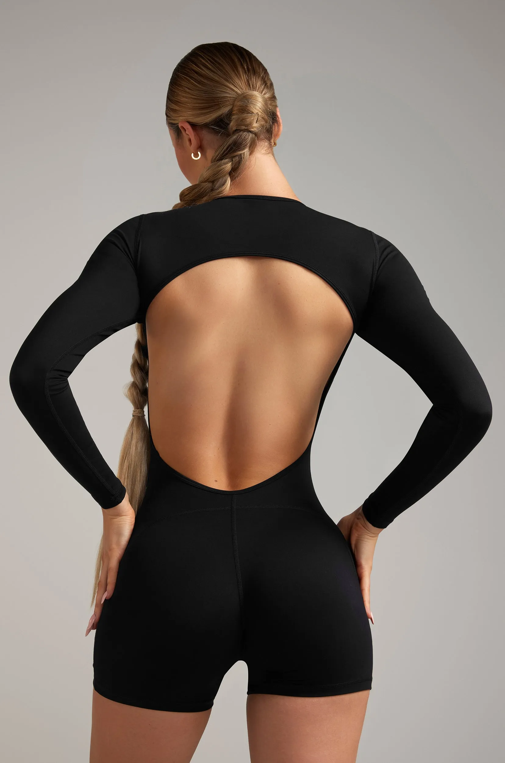 Long Sleeve Backless Romper - Black