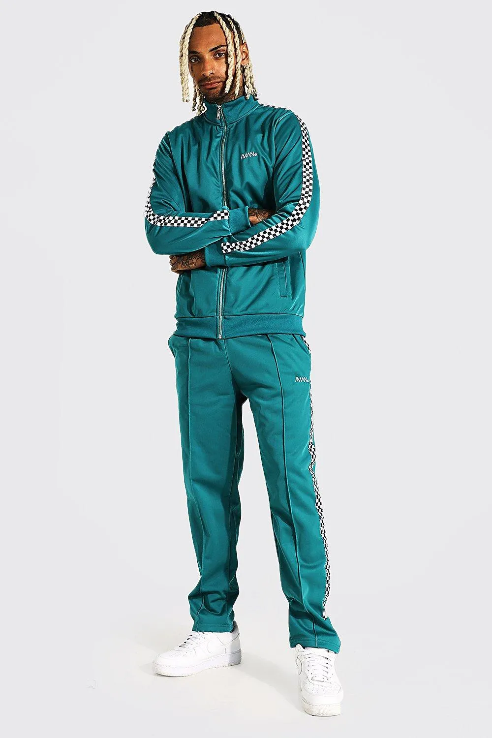 Man Checkerboard Tape Tricot Zip Tracksuit | boohooMAN UK