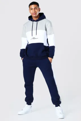 Man Signature Colour Block Hooded Tracksuit | boohooMAN UK