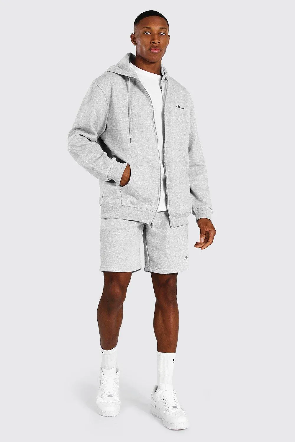 Man Signature Zip Hooded Short Tracksuit | boohooMAN UK