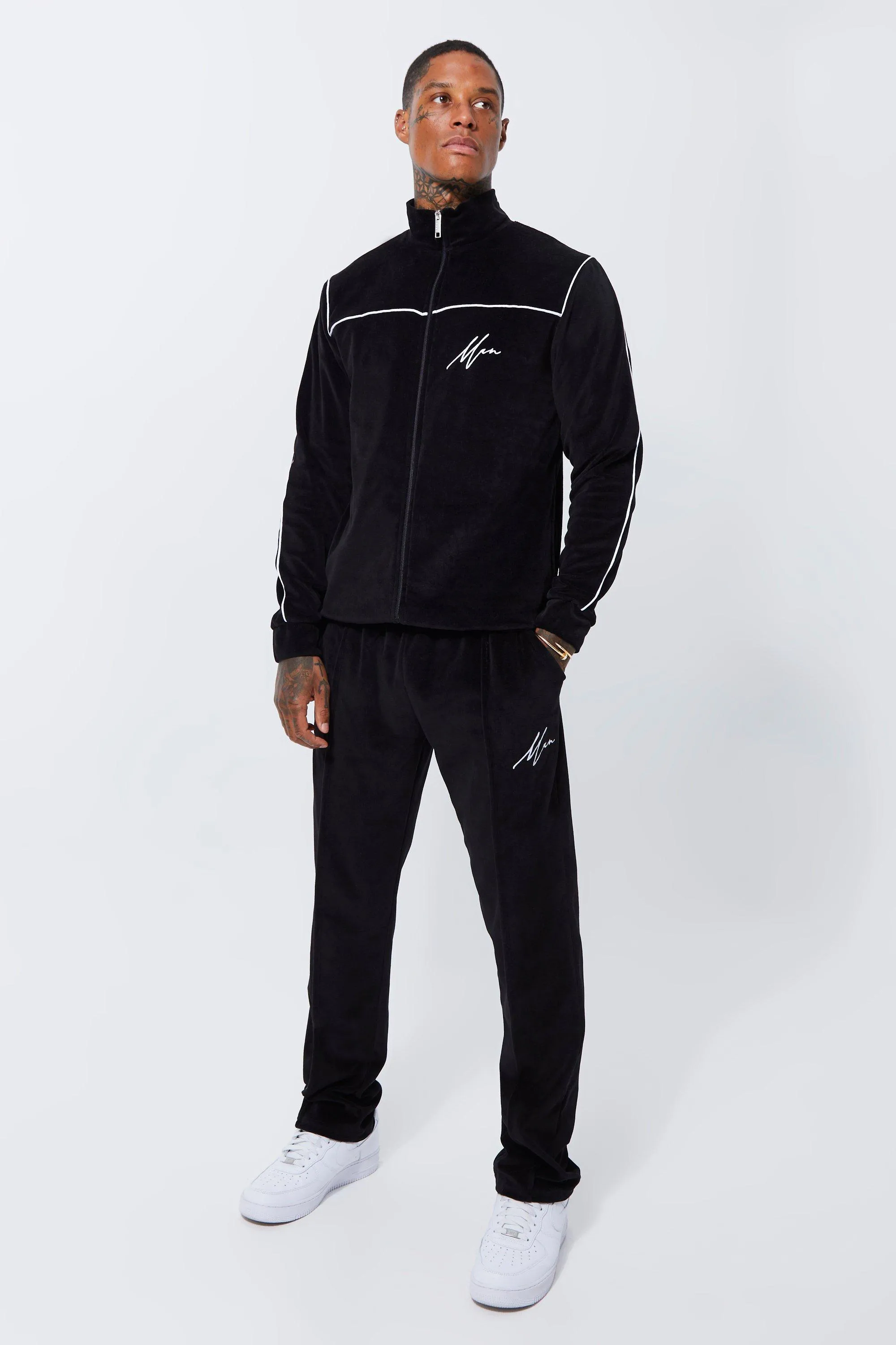 Man Velour Zip Funnel Neck Tracksuit | boohooMAN UK