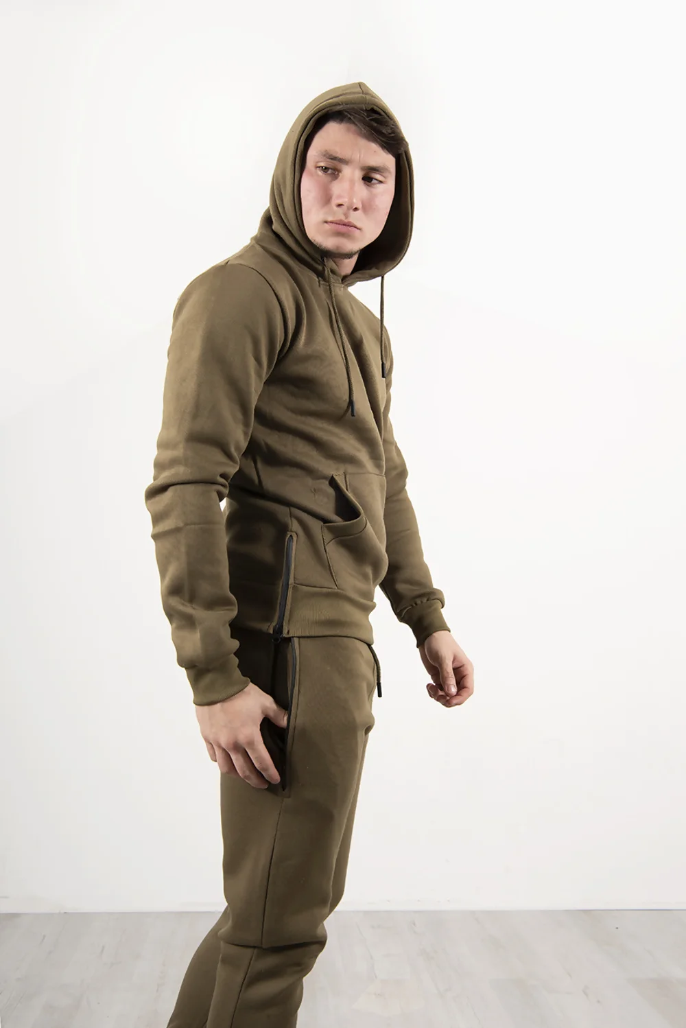 Mens Khaki Side Zip Detail Hooded Tracksuit