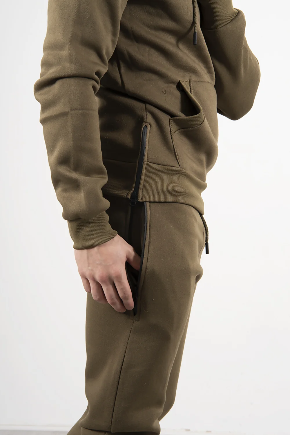 Mens Khaki Side Zip Detail Hooded Tracksuit