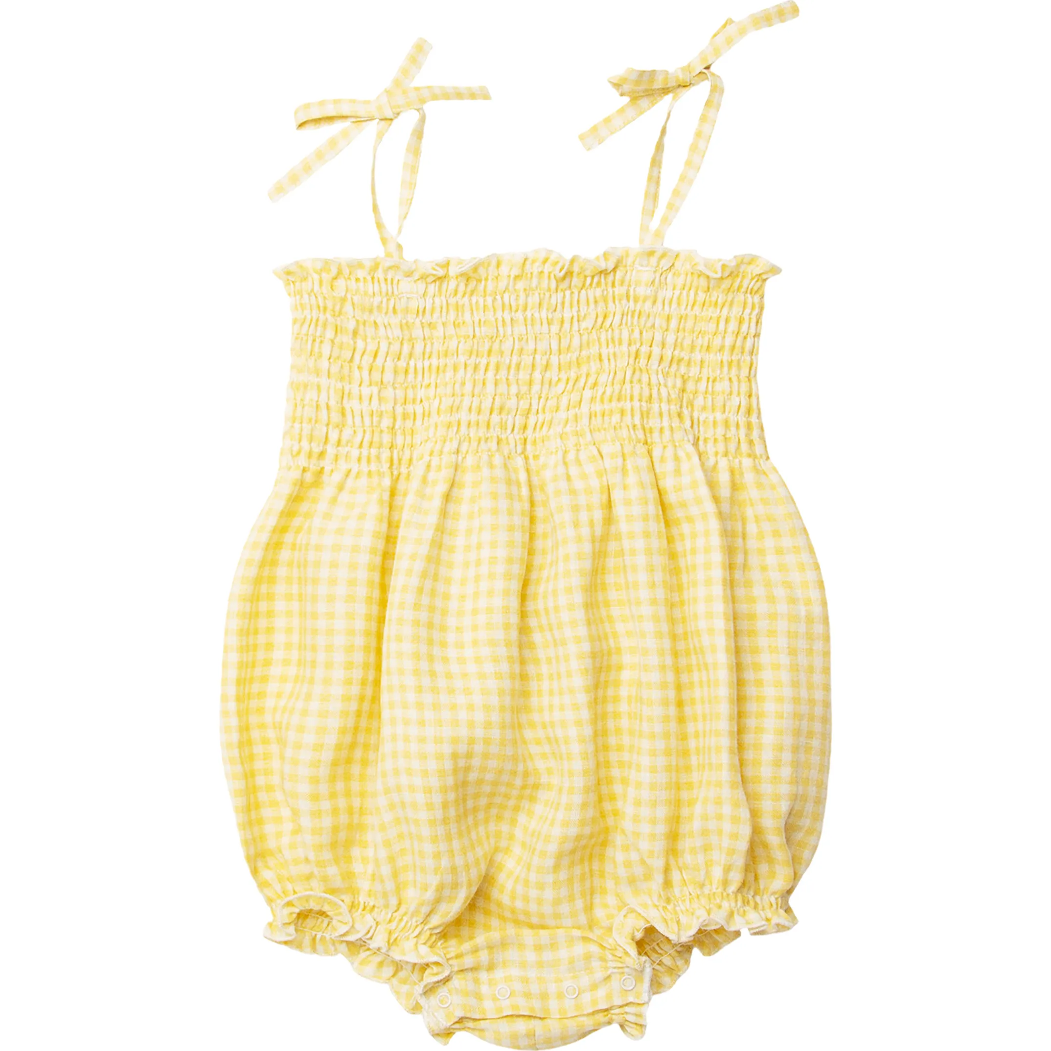 Nellie Quats Dominos Check Linen Shirred Bodice Romper, Lemon