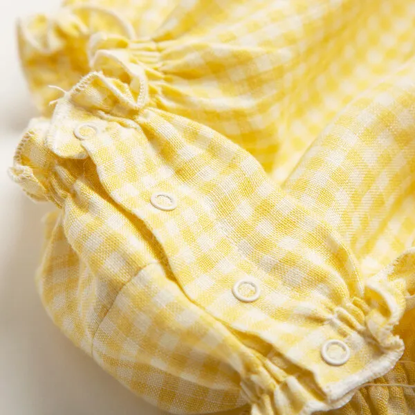 Nellie Quats Dominos Check Linen Shirred Bodice Romper, Lemon