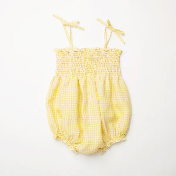 Nellie Quats Dominos Check Linen Shirred Bodice Romper, Lemon