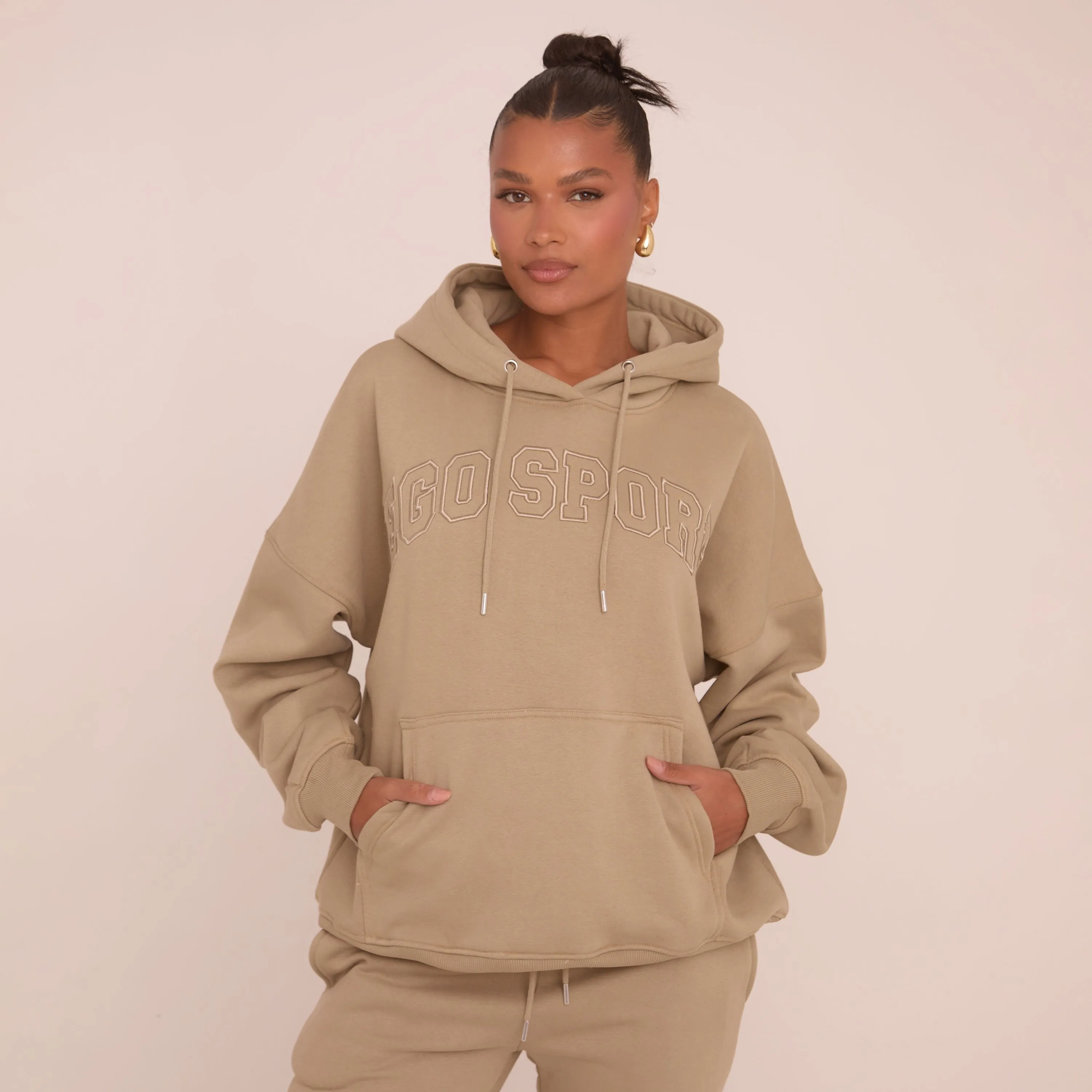 Oversized Ego Embossed Hoodie In Taupe Brown