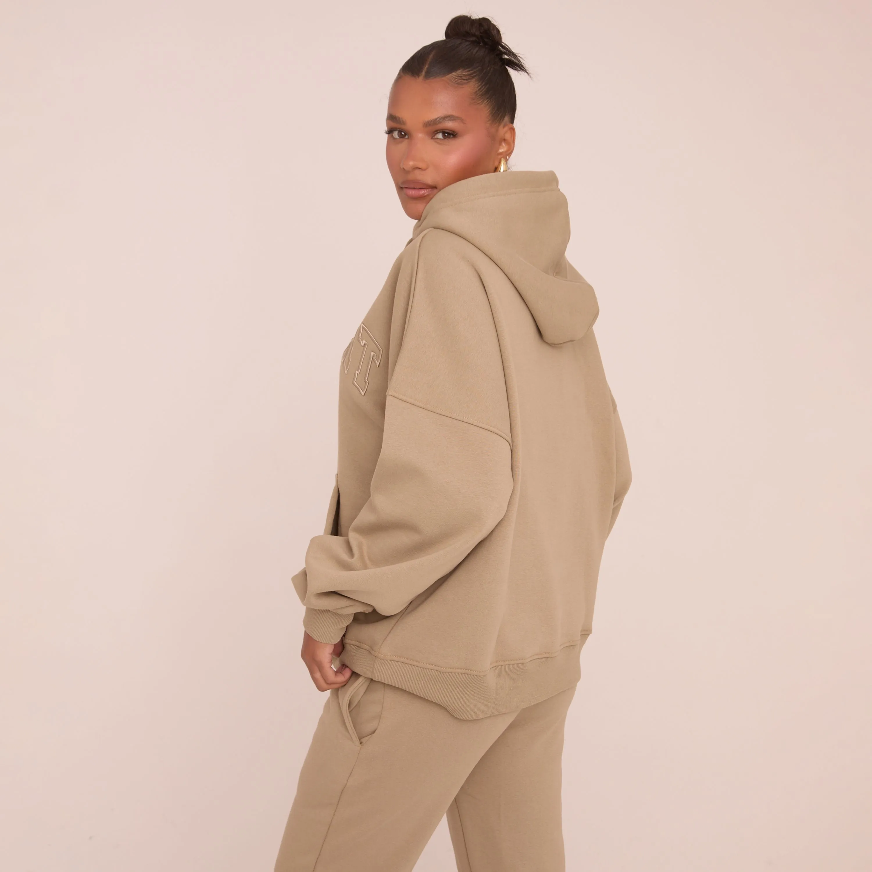 Oversized Ego Embossed Hoodie In Taupe Brown