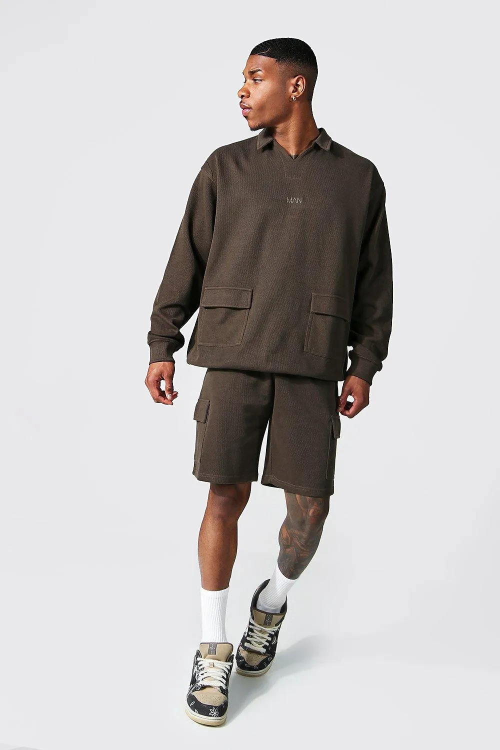 Oversized Man Rib Short Cargo Tracksuit | boohooMAN UK