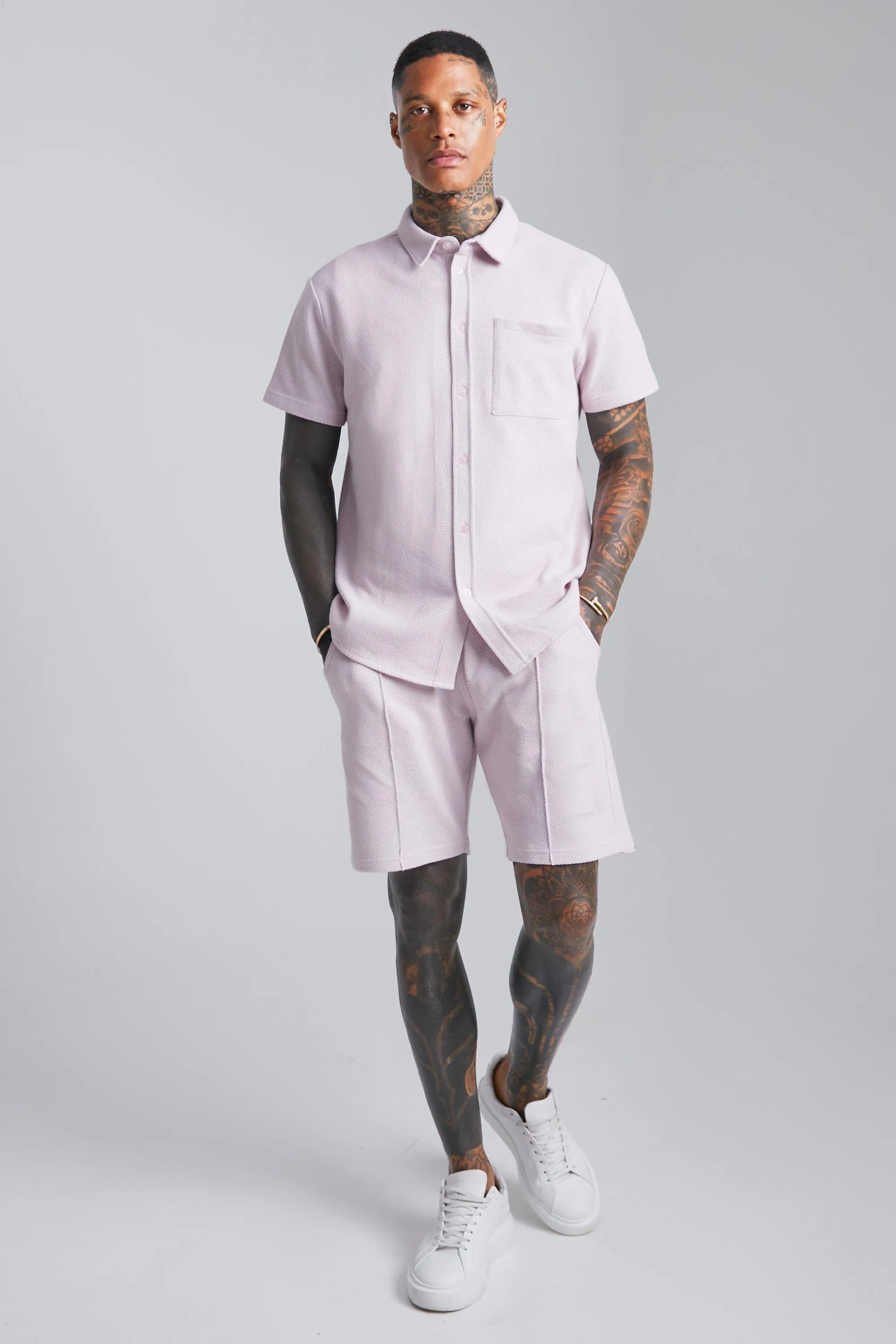 Pique Short Sleeve Shirt And Short Set | boohooMAN UK