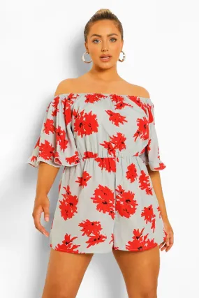 Plus Floral Off The Shoulder Volume Sleeve Romper