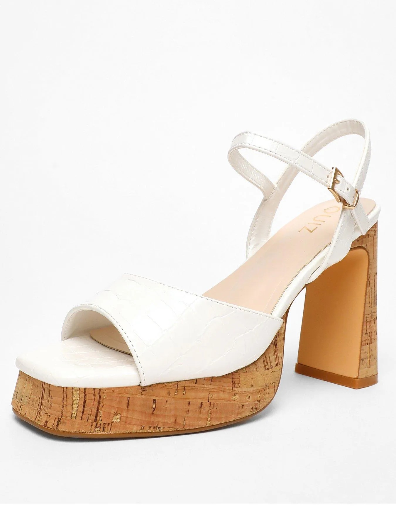 Quiz White Faux Leather Cork Platform Heeled Sandals