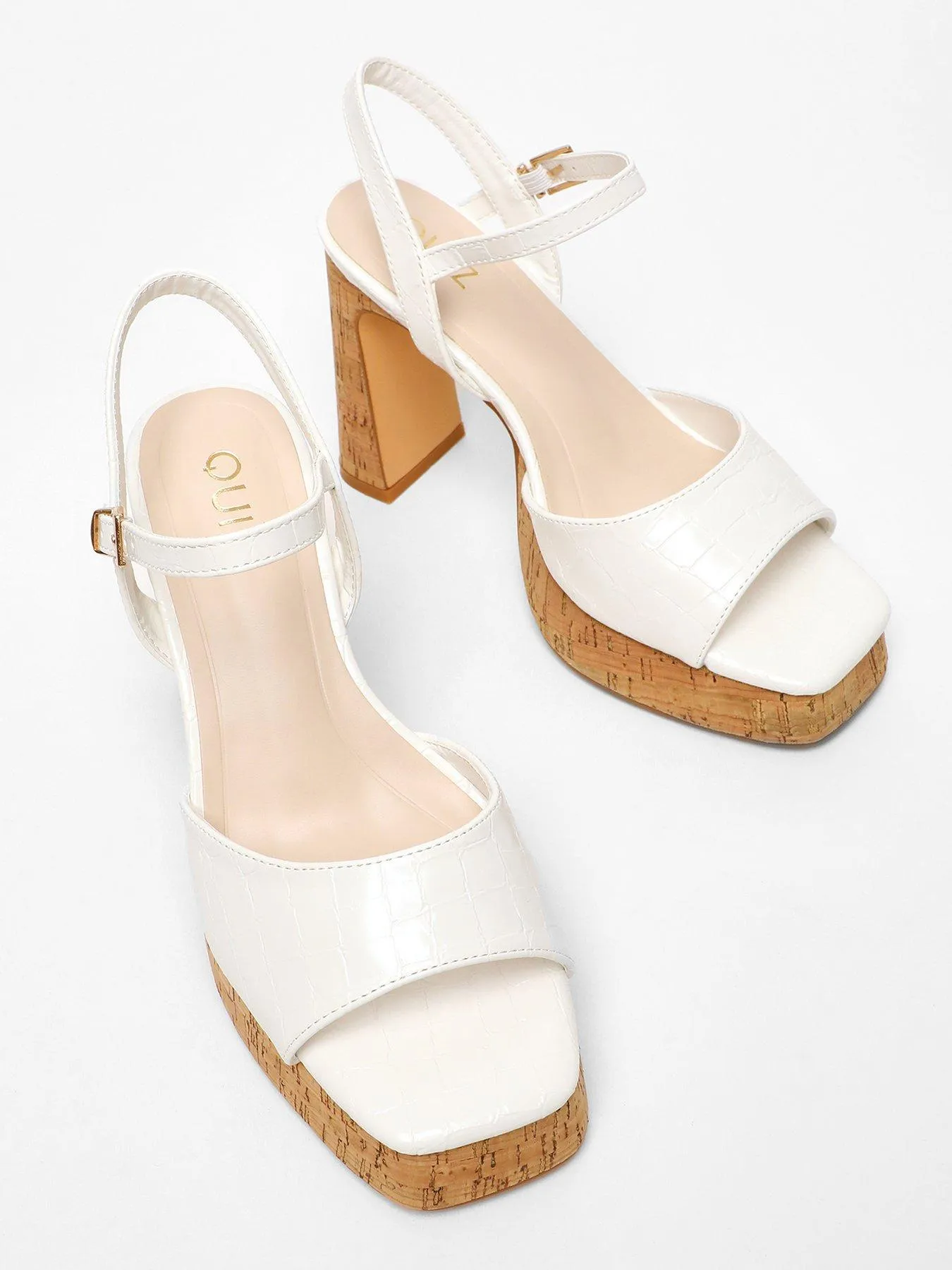 Quiz White Faux Leather Cork Platform Heeled Sandals