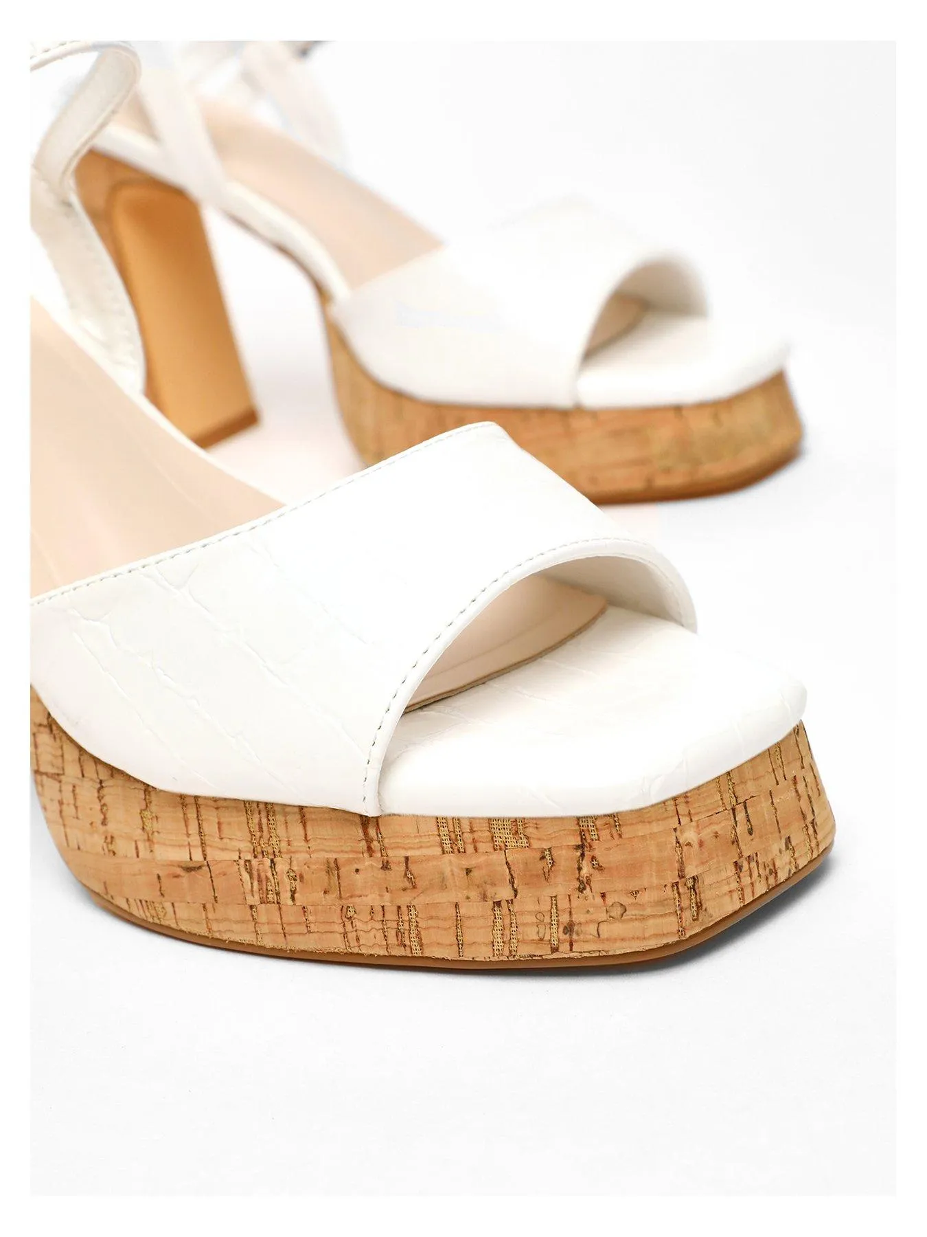 Quiz White Faux Leather Cork Platform Heeled Sandals