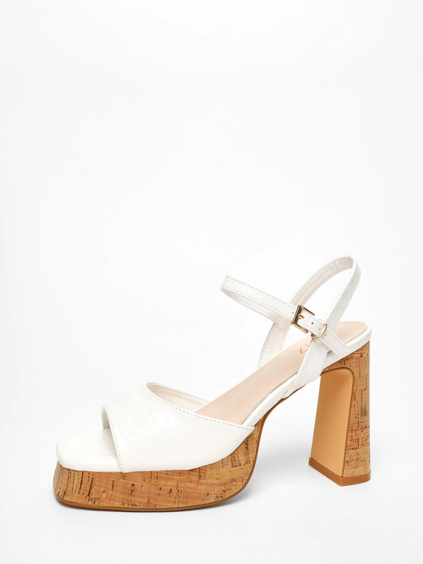 Quiz White Faux Leather Cork Platform Heeled Sandals