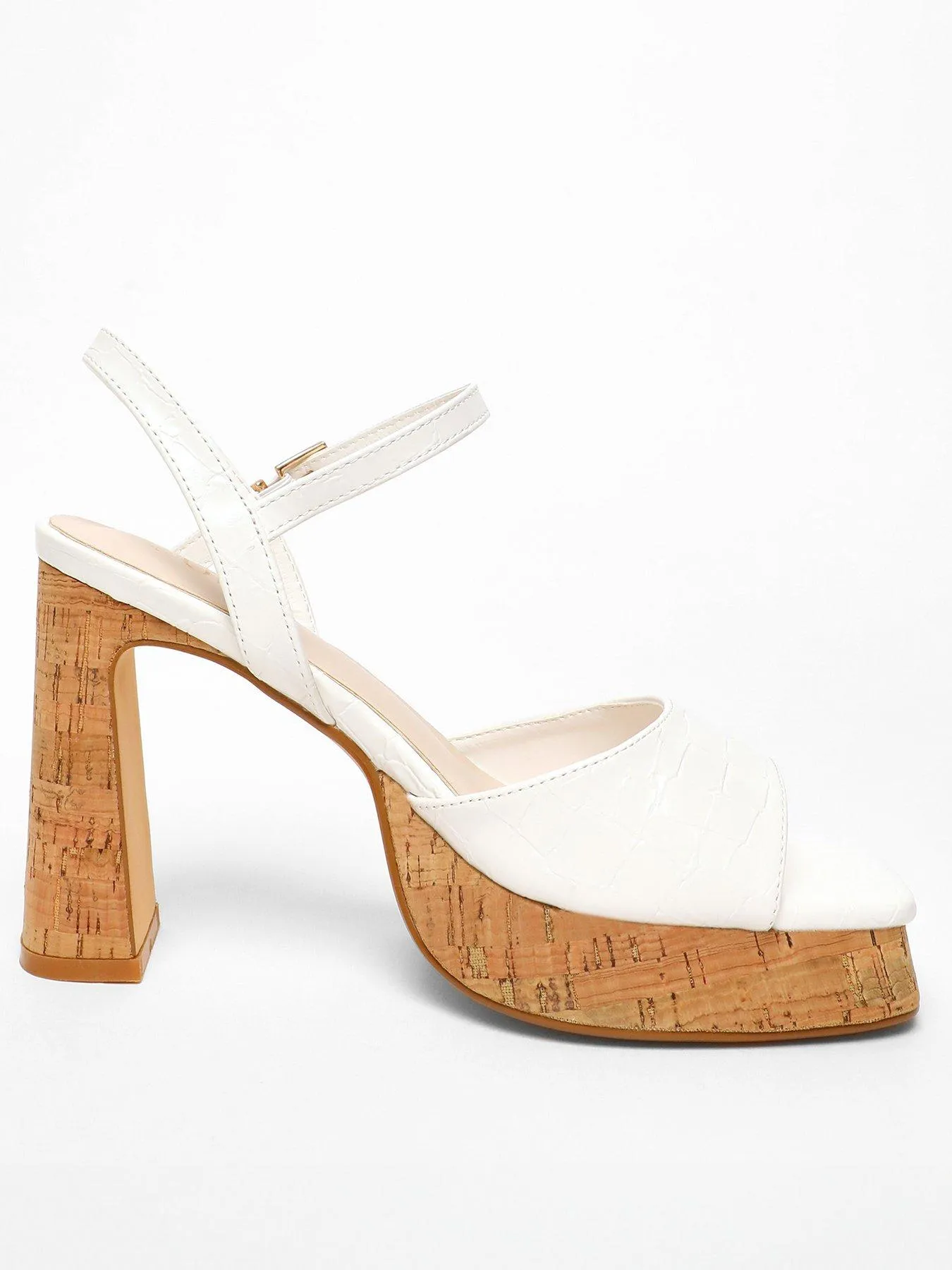 Quiz White Faux Leather Cork Platform Heeled Sandals