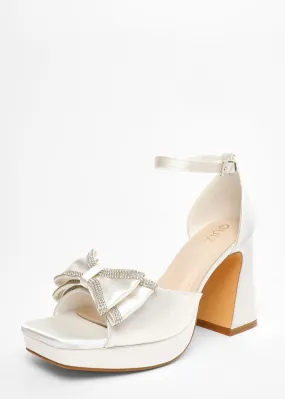 Quiz White Satin Bow Front Platform Heeled Sandals