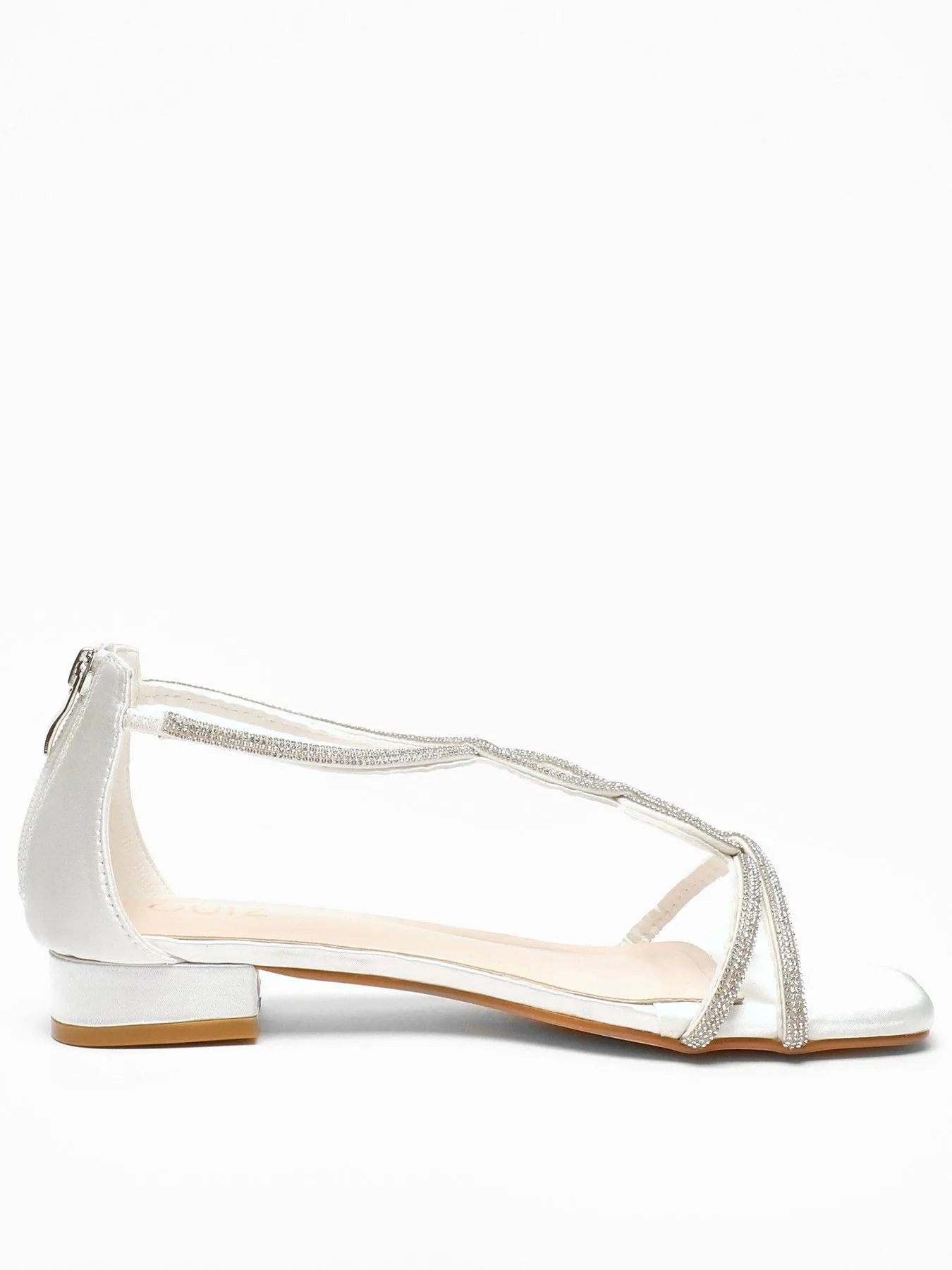 Quiz White Satin Diamante T-strap Flat Sandals