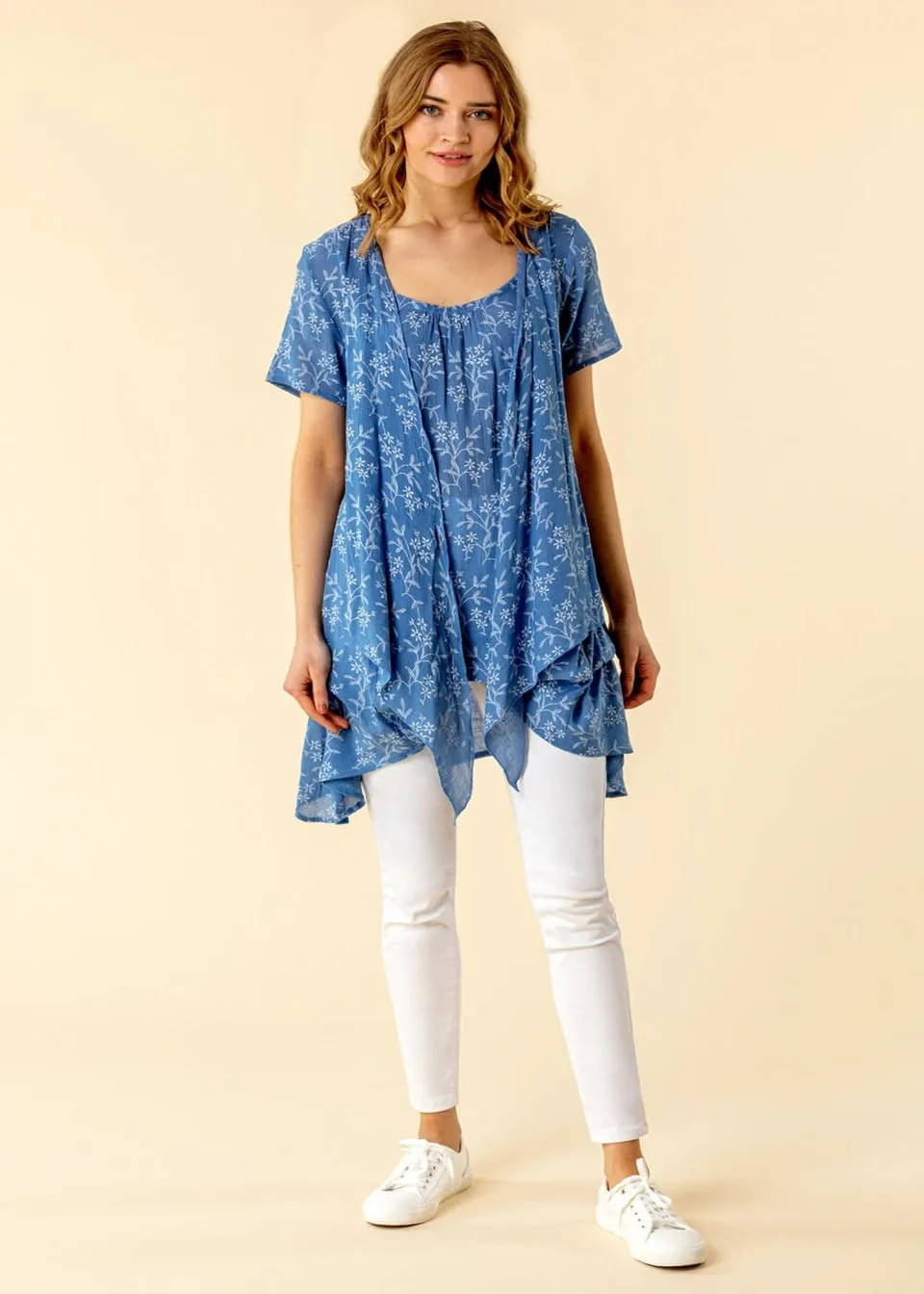 Roman Light Blue Floral Print Crinkle Tunic Top