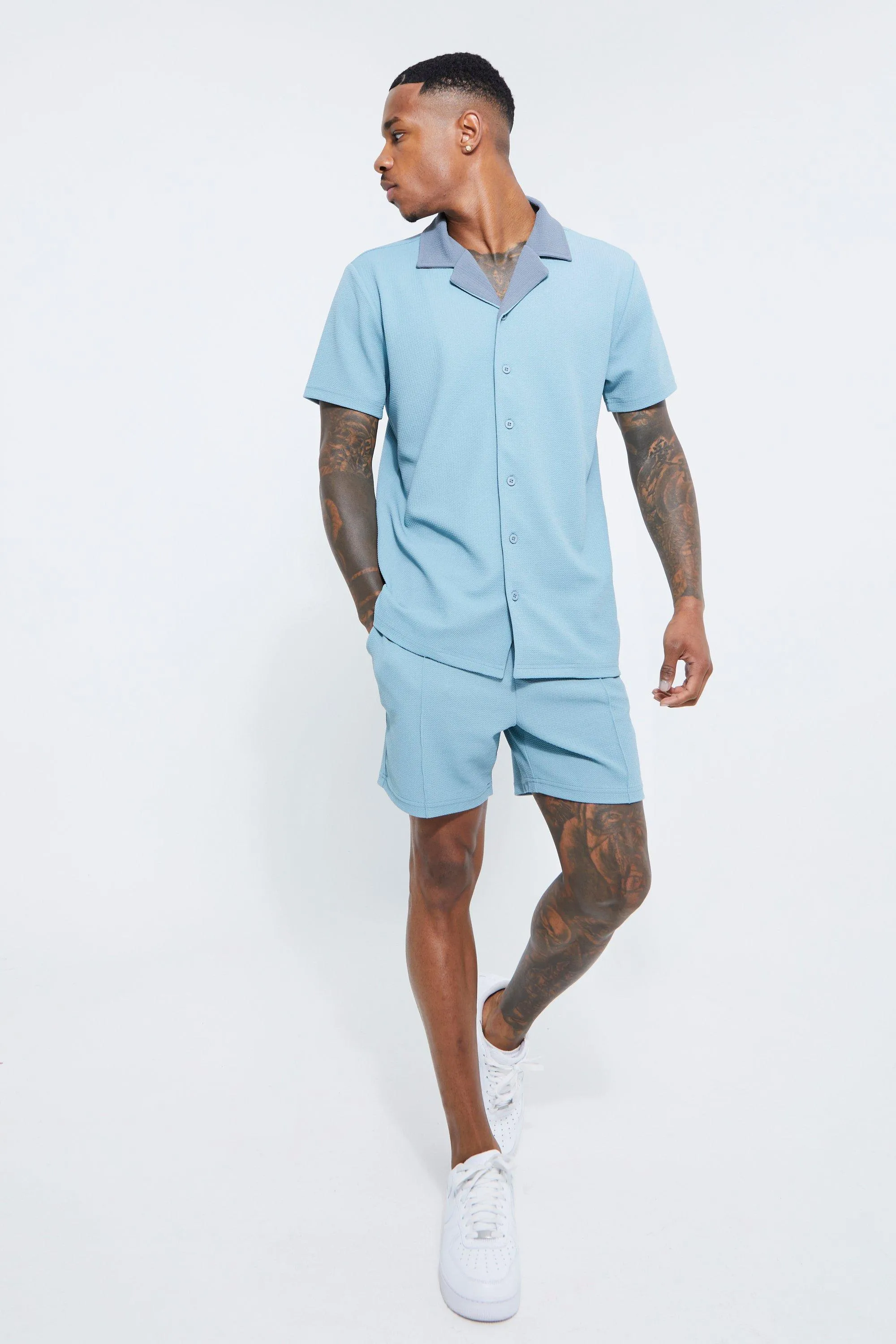 Short Sleeve Textured Jersey Shirt And Short | boohooMAN UK