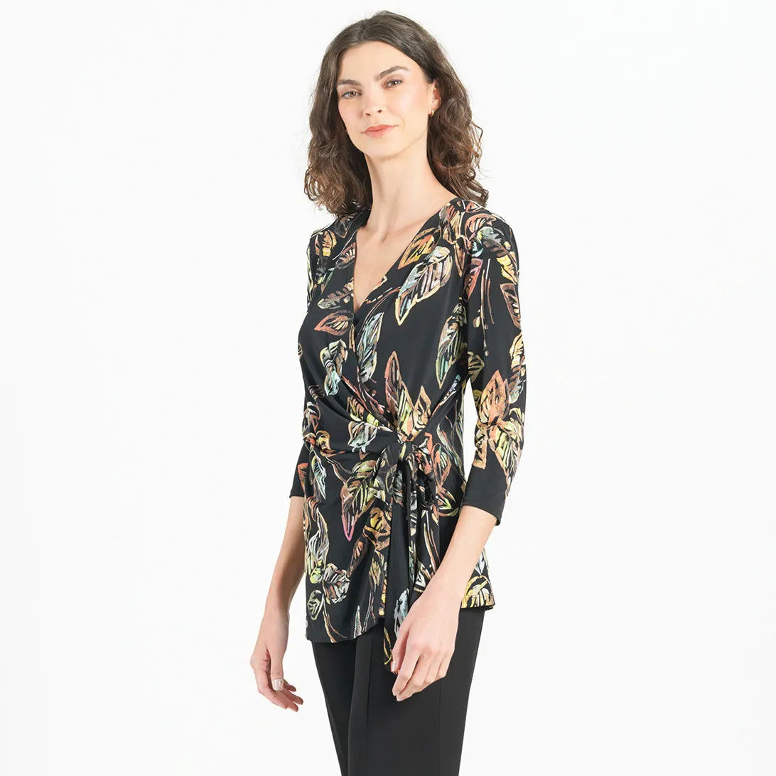 Surplice Faux Wrap Side Tie Tunic - Leaf Colorburst