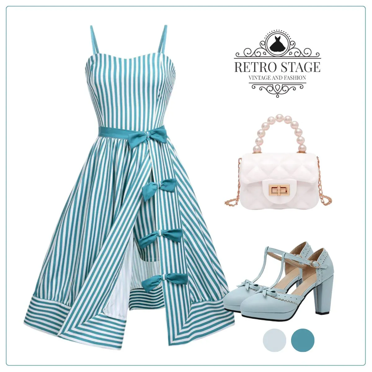 Turquoise 1950s Stripes Romper & Skirt