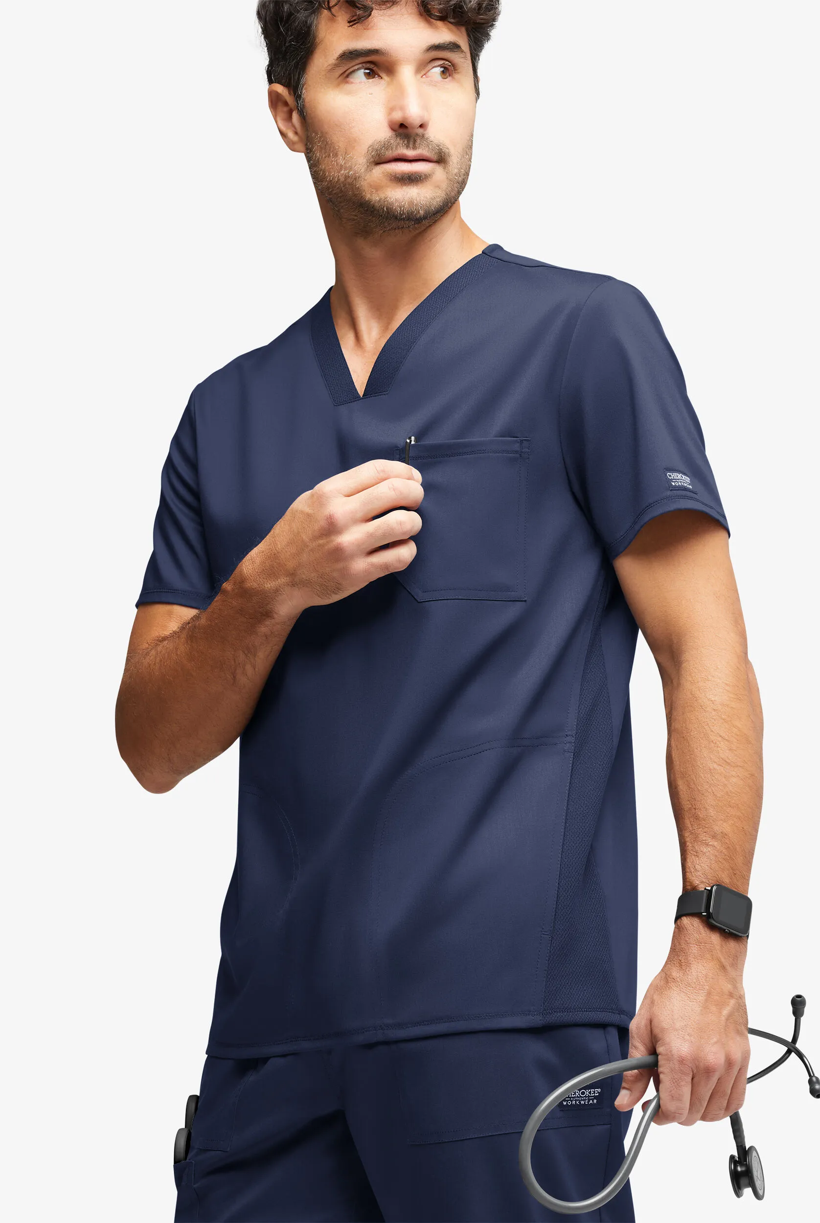 UA Exclusive Cherokee Workwear Revolution Men's 3-Pocket STRETCH Mesh Trim V-Neck Scrub Top